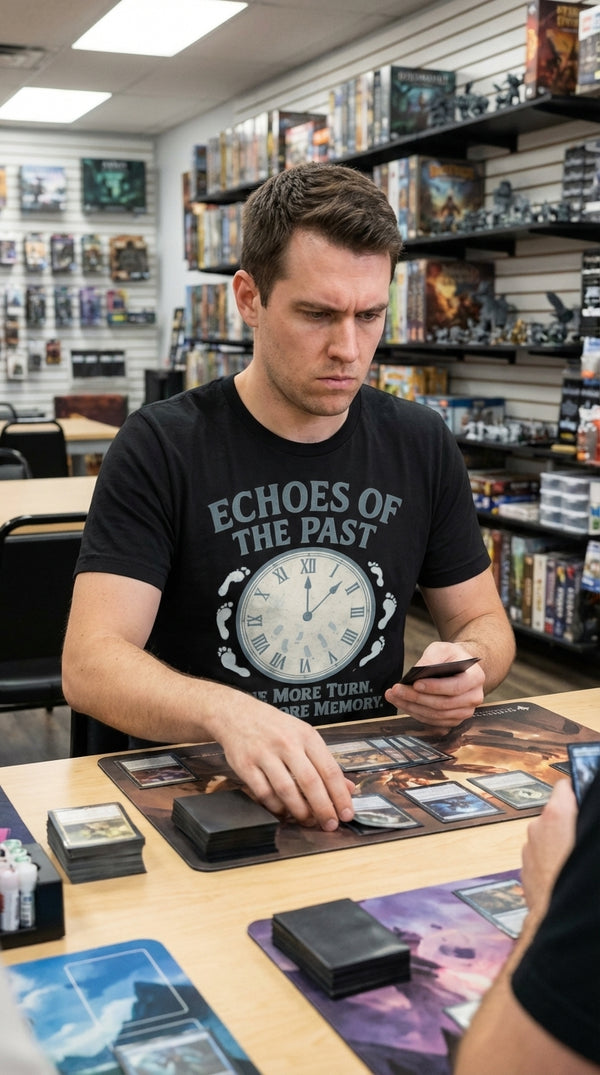 Organic Cotton T-Shirt Unisex - Echoes of the Past - Tournament Grinder (CCG) in Local Game Store - Mana Color Aesthetic