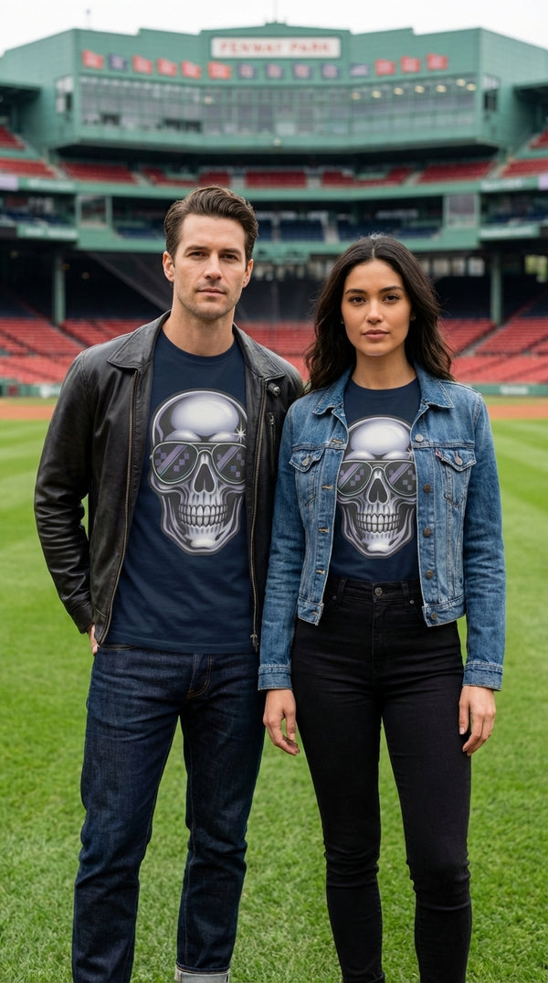 Retro Chrome Skull with Reflective Shades Graphic T-Shirt - Couple / Duo in Fenway Park - 90s Grunge Revival