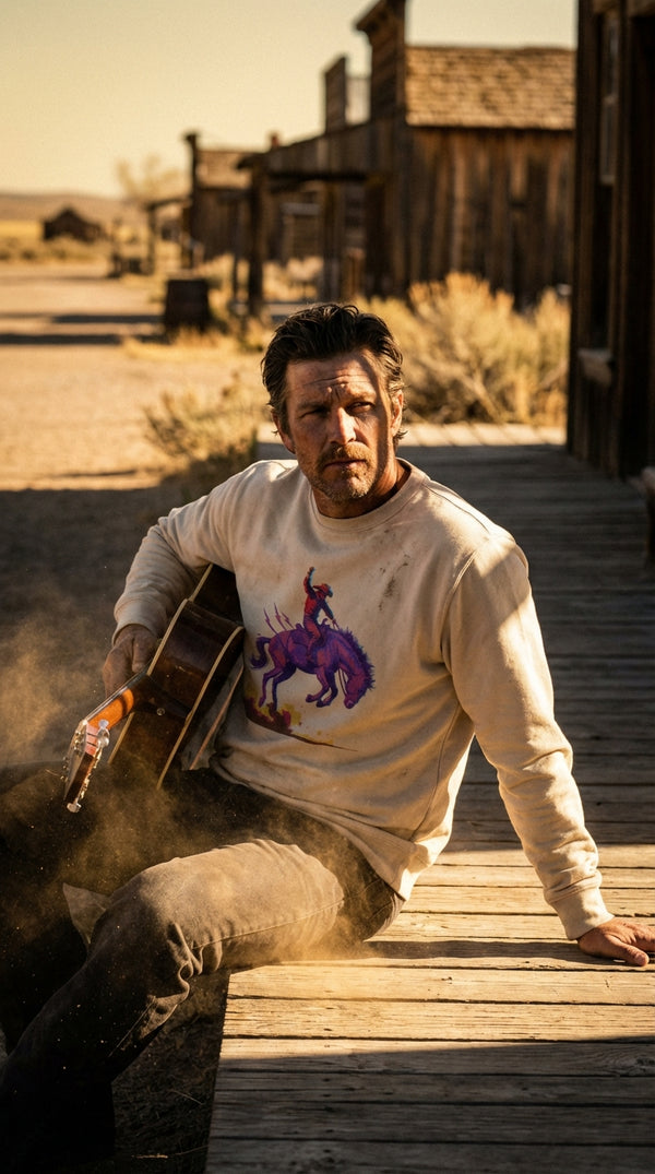 Electric Bronco Organic Cotton Sweatshirt - Acoustic Guitarist in Western Town - Eco-Aesthetic Lifestyle
