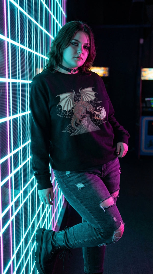 Steampunk Dragon Organic Cotton Crewneck Sweatshirt - 90s Mall Goth in Virtual Reality Grid - Legendary Pull