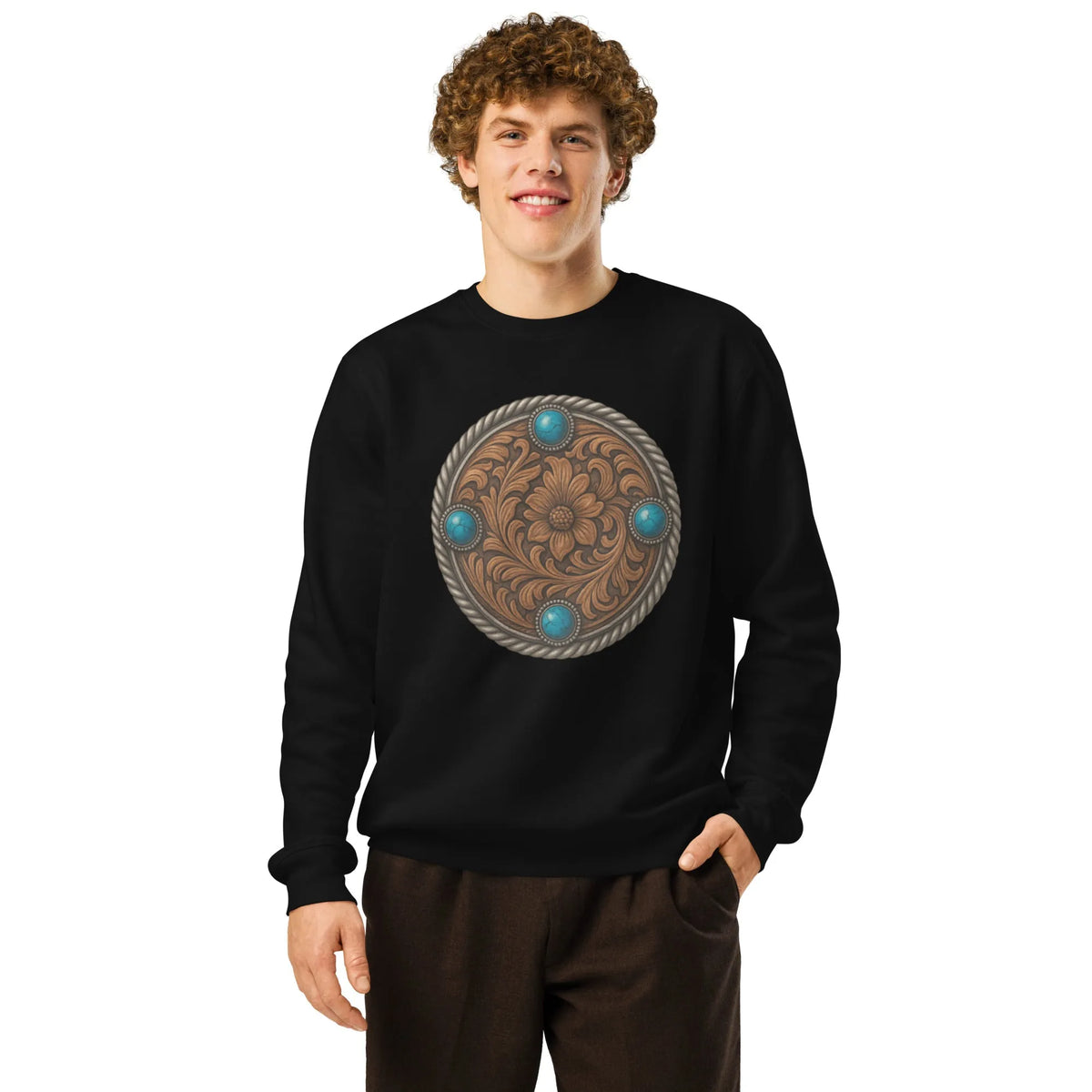 Organic Turquoise Concho Crewneck | Western Edition - Sustainable Organic Design | Primary Mockup Front View