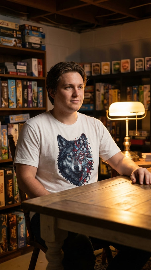 Cyber Wolf Glitch Pixel Art Organic Cotton T-Shirt - Kitchen Table Casual (CCG) in Cozy Game Den - Mainboard Staple