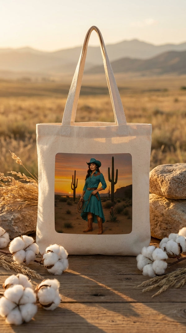 Desert Sunset Cowgirl Organic Cotton Tote Bag - Southwestern Cactus Eco-Friendly Shopper - GOTS Certification Hero in Open Range - Eco-Aesthetic Lifestyle