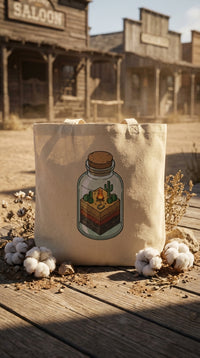 Wild West Desert Terrarium Organic Cotton Tote Bag - GOTS Certification Hero in Western Town - Cinematic Showcase