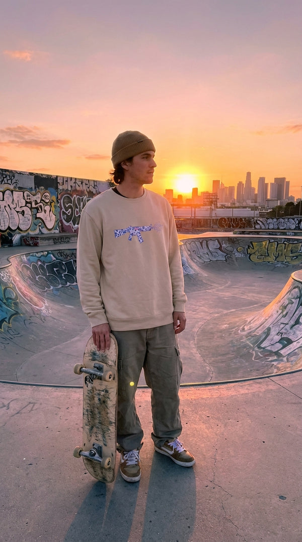 Blue Porcelain Gun Organic Cotton Sweatshirt - Urban Skater in Rooftop Skatepark - 90s Retro Sustainable