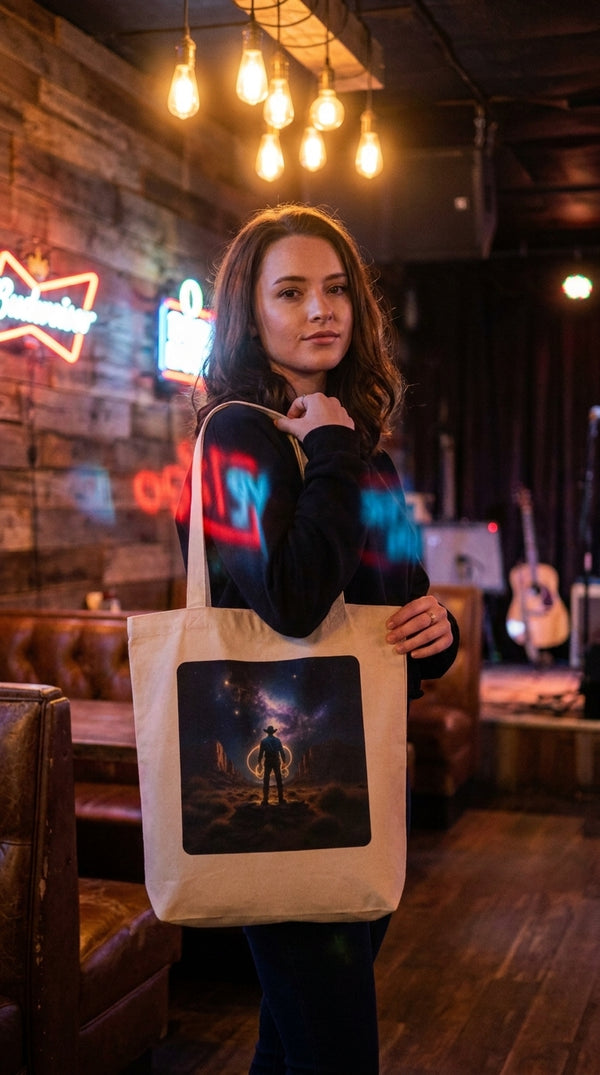 Cosmic Cowboy Galaxy Organic Cotton Tote Bag - Honky Tonk Regular in Honky Tonk Bar - Eco-Aesthetic Lifestyle