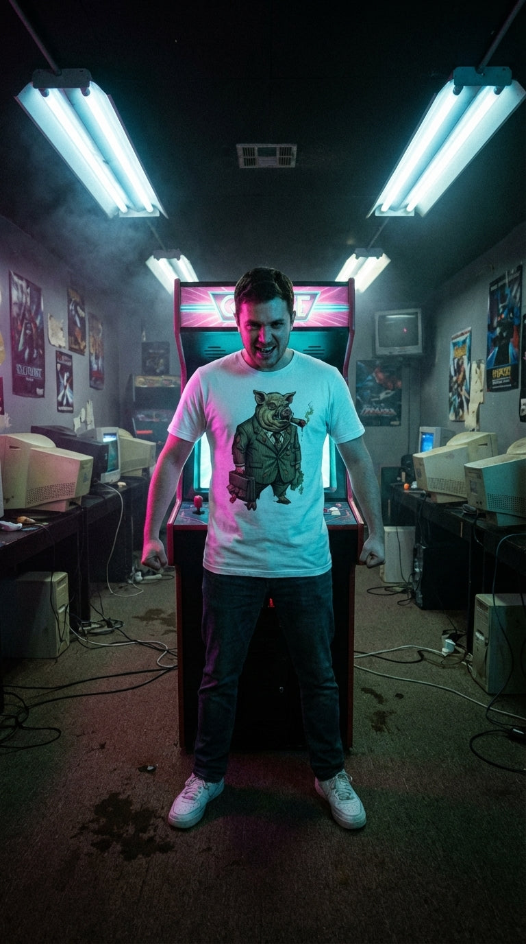 Capitalist Pig Boss Organic Cotton T-Shirt - Arcade Champion in Internet Cafe - 90s Retro Sustainable