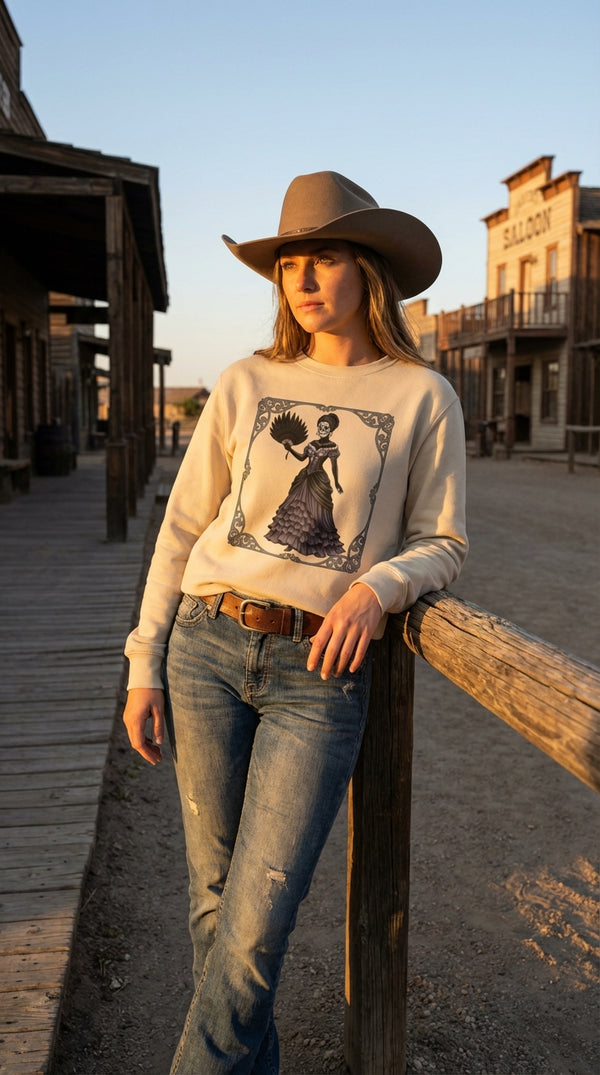 Gothic Victorian Skeleton Organic Cotton Sweatshirt - Cowgirl Model in Western Town - Eco-Aesthetic Lifestyle