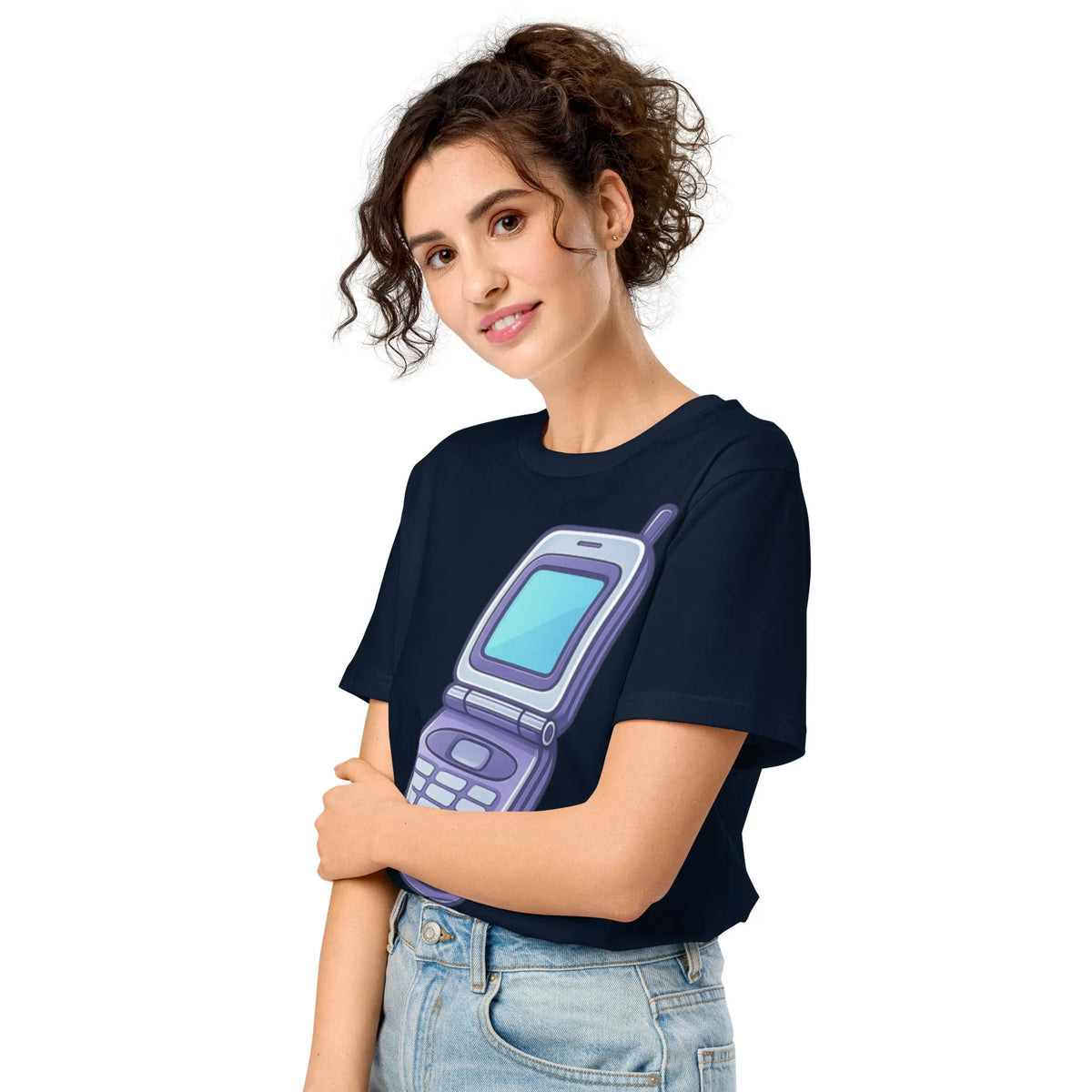 Y2K Flip Phone Organic Cotton T-Shirt | Retro Purple - Sustainable Organic Design | Detailed Alternative View