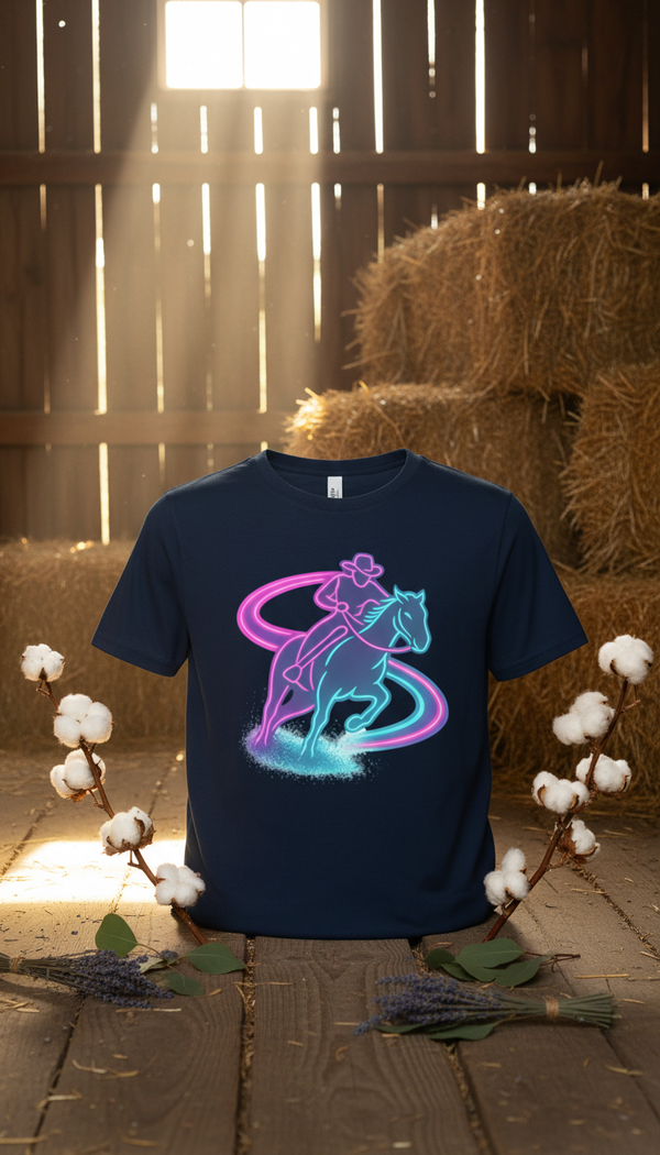 Neon Barrel Racing Energy Organic Cotton T-Shirt - GOTS Certification Hero in Rustic Barn - 90s Retro Sustainable