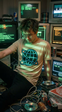 Cyberpunk Wireframe Earth Organic Cotton T-Shirt - 90s Retro Hacker in 90s LAN Party - 90s Grunge Revival