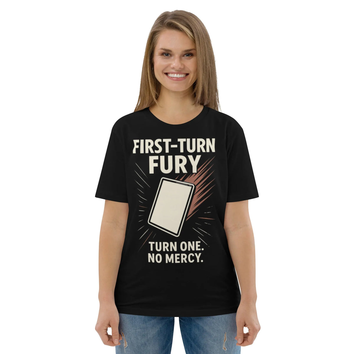 First-Turn Fury Organic Streetwear T-Shirt – Verified Sustainable - Sustainable Organic Design | Primary Mockup Front View