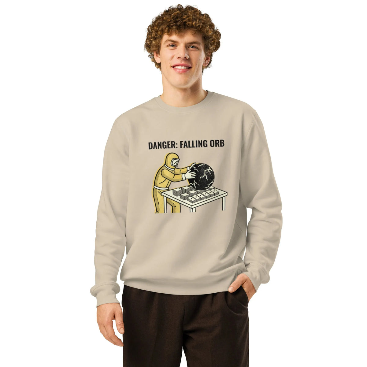 Danger Falling Orb | Organic Gamer Sweatshirt - Sustainable Organic Design | Primary Mockup Front View