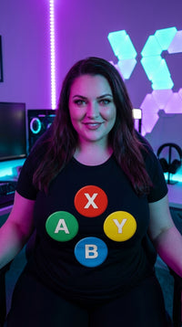 Unisex Organic Cotton ABXY Controller Buttons Tee - Neon Plus Streamer in RGB Gaming Room - Kitchen Table Legend