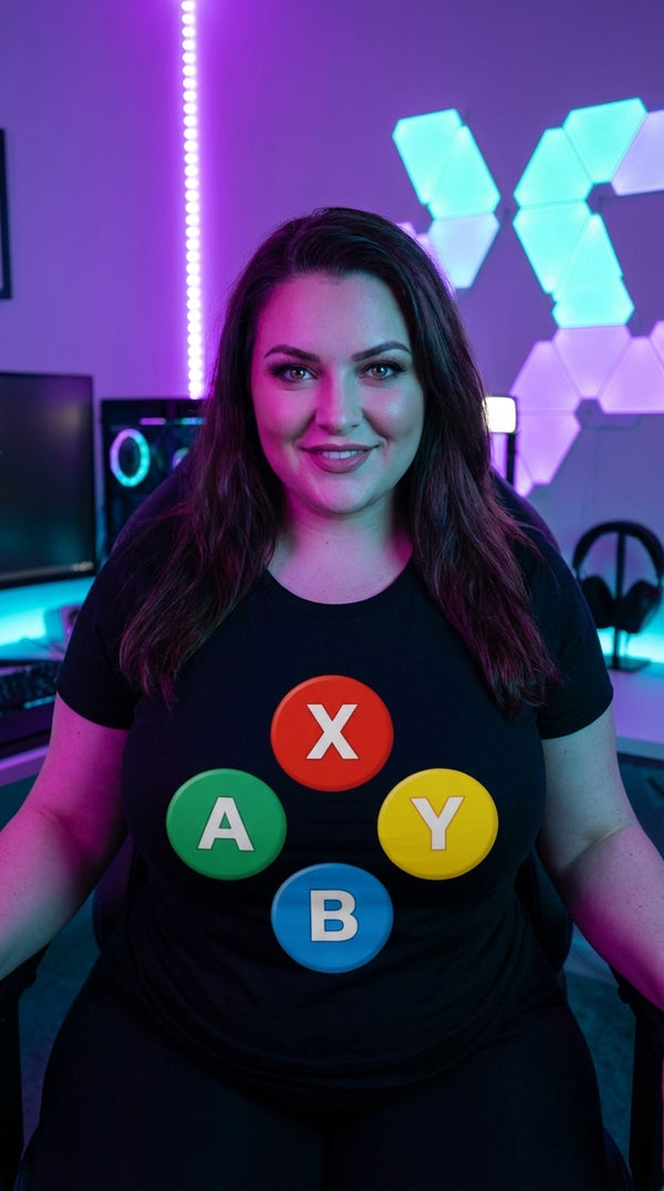 Unisex Organic Cotton ABXY Controller Buttons Tee - Neon Plus Streamer in RGB Gaming Room - Kitchen Table Legend