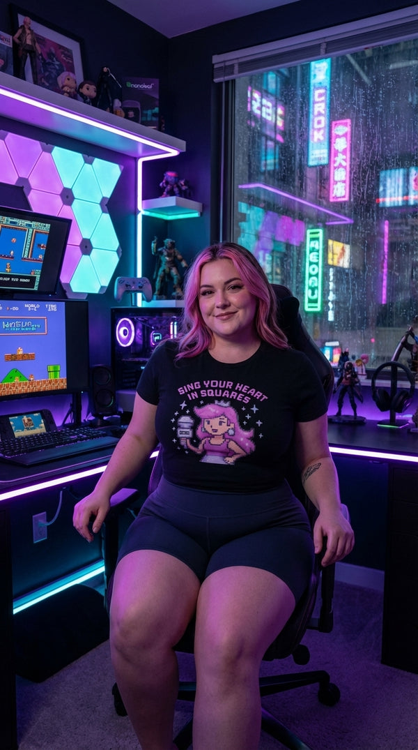 Sing Your Heart In Squares Organic Unisex T-Shirt - Cyberpunk Plus in RGB Gaming Room - Cinematic Showcase