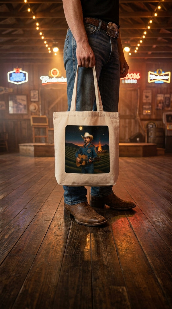 Campfire Cowboy Guitar Organic Cotton Tote Bag - Country Music Moonlit Eco-Friendly Shopper - Line Dancer in Honky Tonk Bar - Eco-Aesthetic Lifestyle
