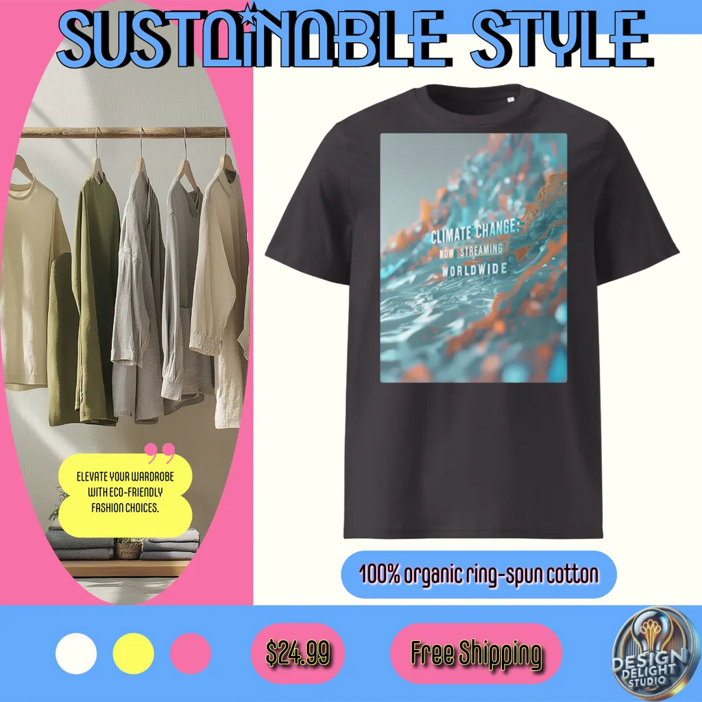 Organic cotton t-shirt – ‘Climate Change: Now Streaming Worldwide’ environmental activism design. Eco-friendly, soft, and perfect for sustainability advocates