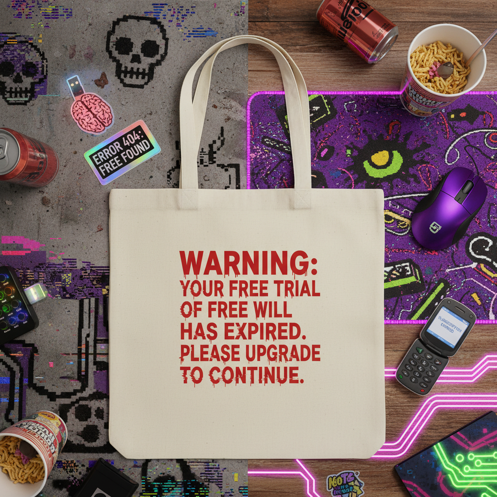 Beige tote bag with red text on a colorful, cluttered background