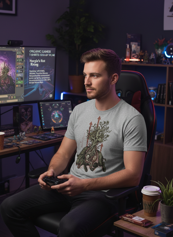 Market Velocity Gamer GOTS-certified organic cotton tee worn in a styled lifestyle shot