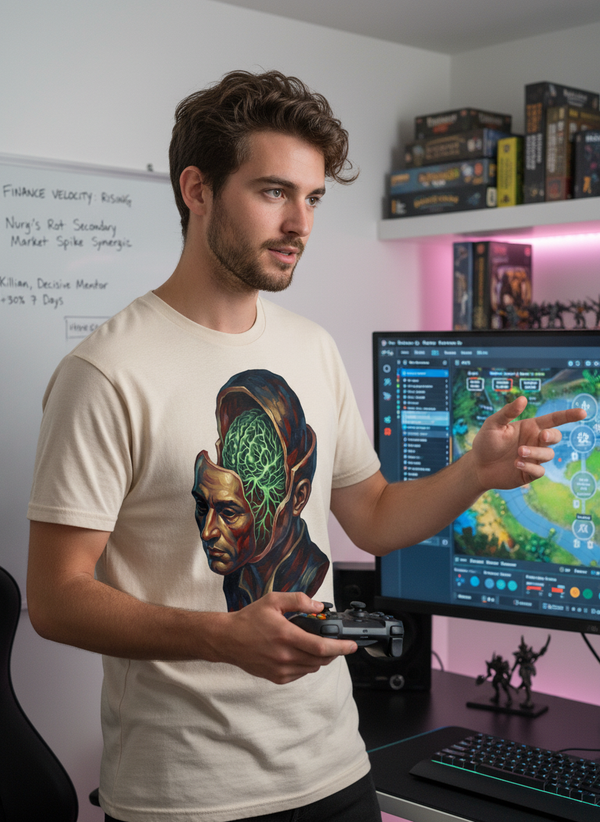 Neural Synergy Gamer GOTS-certified organic cotton tee worn in a styled lifestyle shot