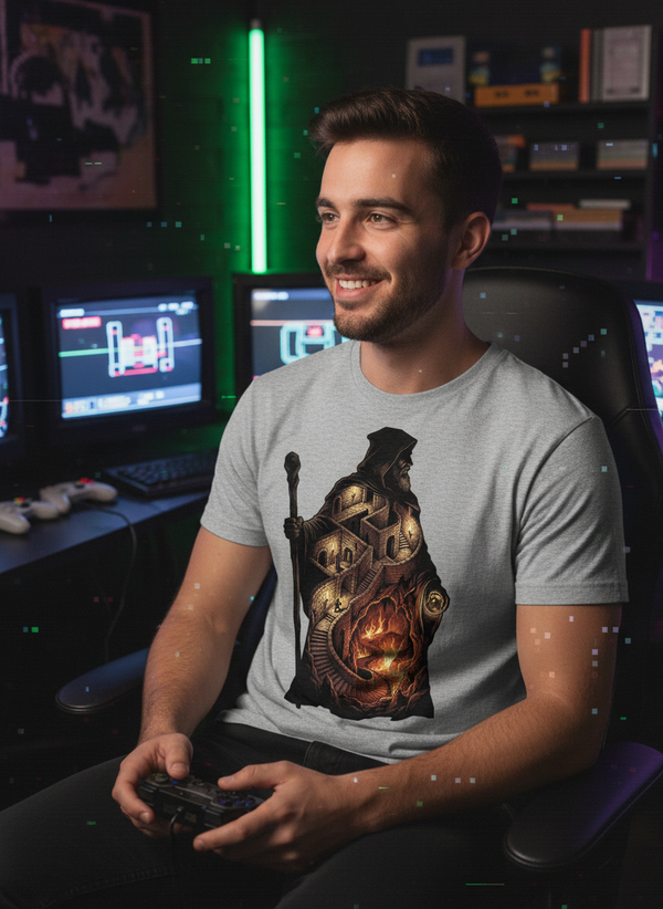Mystic Wizard Gamer GOTS-certified organic cotton tee worn in a styled lifestyle shot, view 2