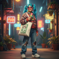 Person with blue hair and colorful outfit holding a popsicle in a neon-lit street.