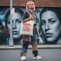 Person holding a tote bag with text in front of a mural