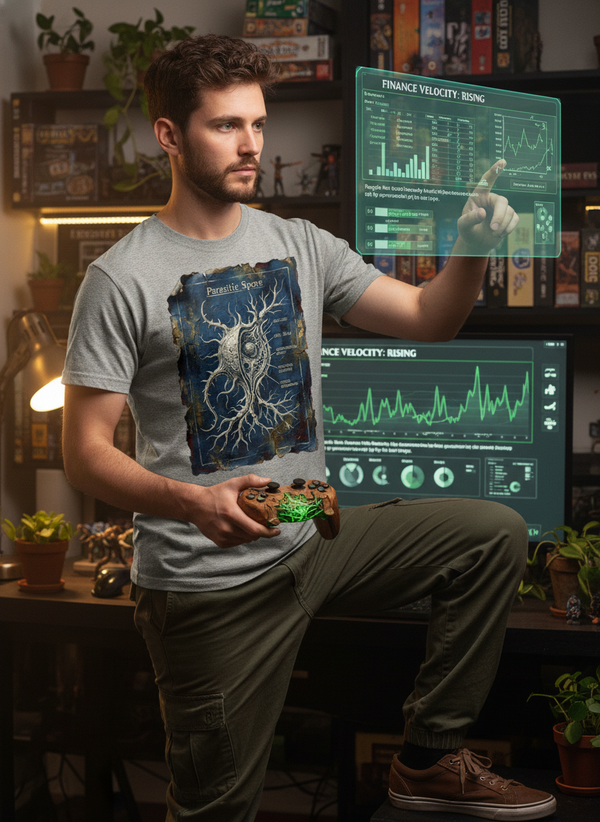 Spore Diagram GOTS-certified organic cotton tee worn by a model