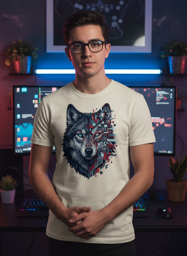 Cyber Wolf Pixel Art T-Shirt | Organic Cotton by Design Delight Studio