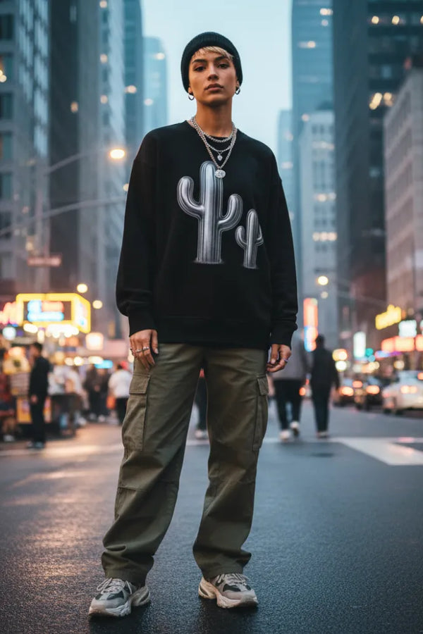 Person wearing a black sweatshirt with a cactus graphic on a city street at night.