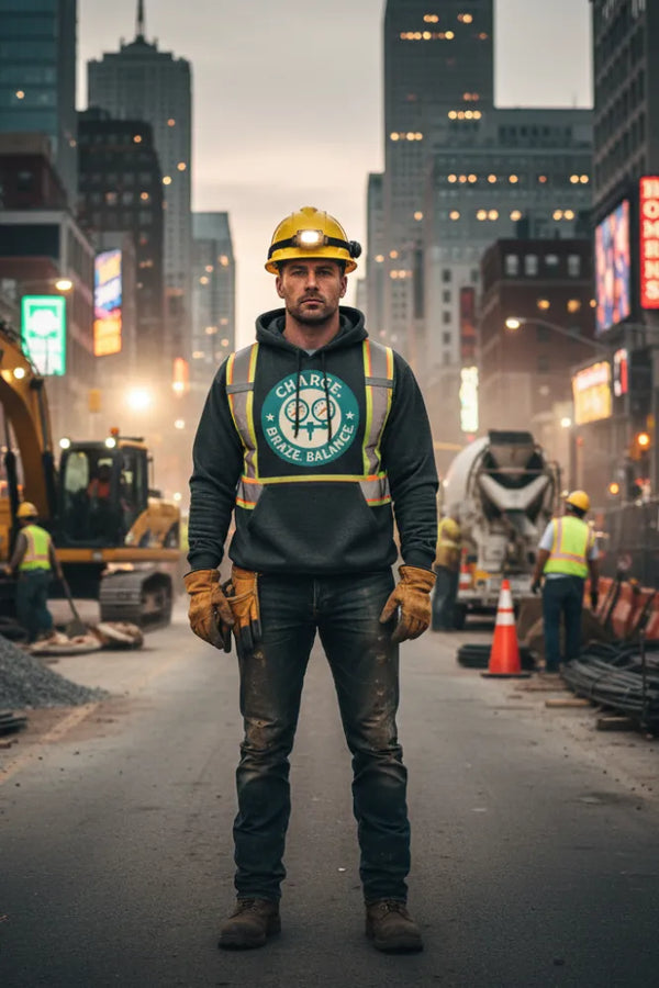Construction worker in a city street with construction equipment and lights in the background