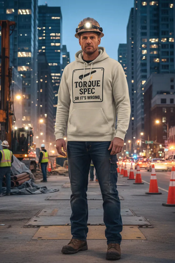 Man wearing a hoodie with 'Torque Spec or it's wrong' text on a city street at night.