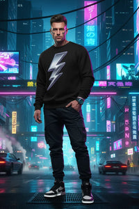 Person wearing a black sweatshirt with a lightning bolt design in a futuristic cityscape.