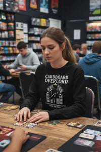 Woman wearing a 'Cardboard Overlord' shirt playing card games in a store.