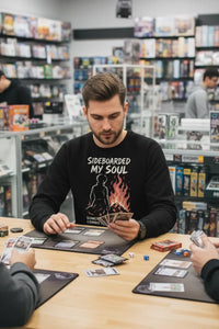 Man playing a card game in a store with shelves in the background