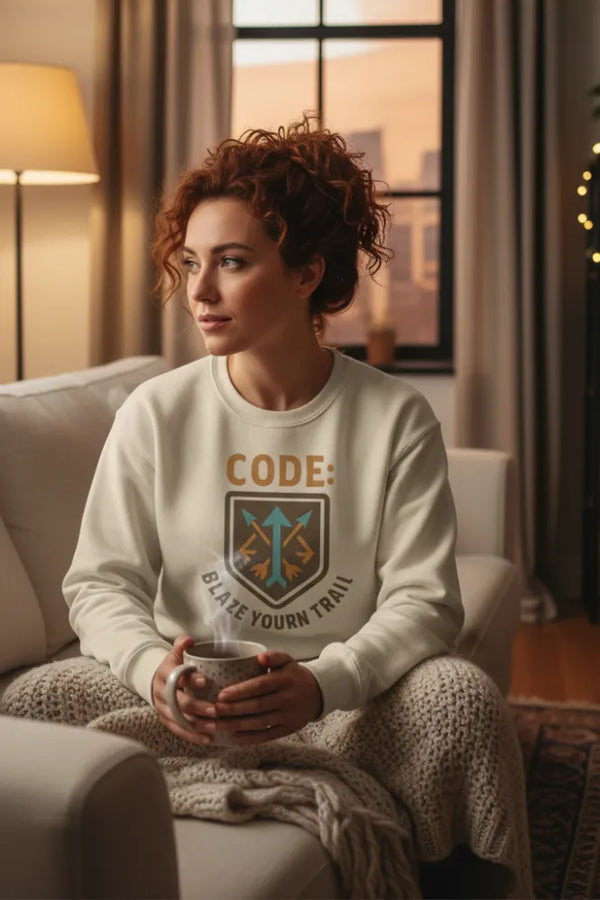 Woman sitting on a couch holding a mug, wearing a sweatshirt with a logo and text.