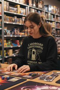 Person playing a board game in a store with shelves in the background