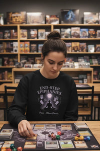 Woman playing a board game in a store with shelves in the background