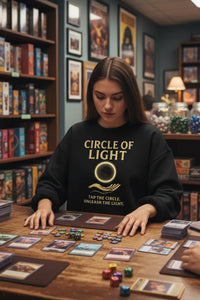Woman wearing a 'Circle of Light' sweatshirt playing a board game in a cozy room with bookshelves.