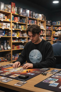 Person playing a board game in a store with bookshelves in the background