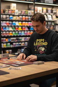 Man playing a card game in a store with shelves in the background