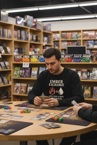 Man playing a board game in a store with shelves in the background