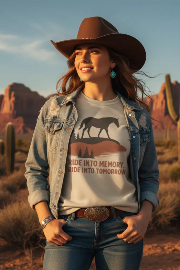 Woman wearing a cowboy hat and denim jacket with a graphic t-shirt in a desert setting