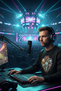 Person in a gaming setup with headphones and microphone in a vibrant, futuristic arena.