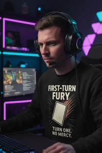 Person wearing headphones and a black hoodie with gaming setup in the background