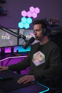 Person in a gaming or streaming setup with multiple monitors and colorful lighting.