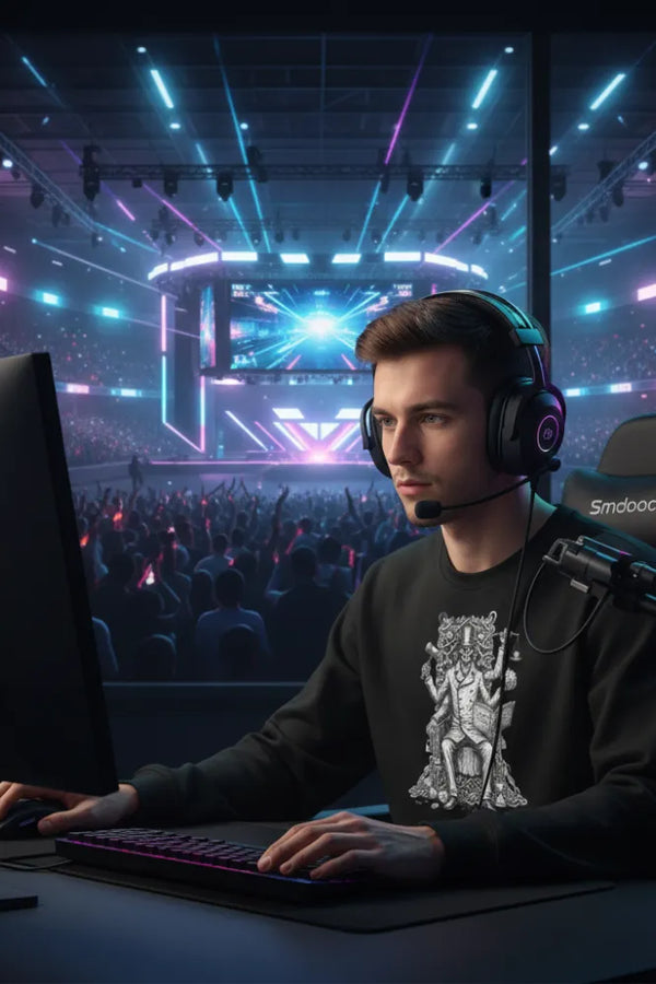 Person playing video games with a large virtual stadium screen in the background