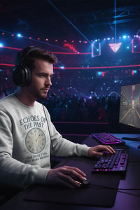 Person playing a video game in a dark room with colorful lights