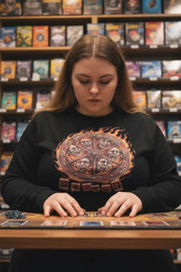 Person playing a board game in a store with shelves of games in the background